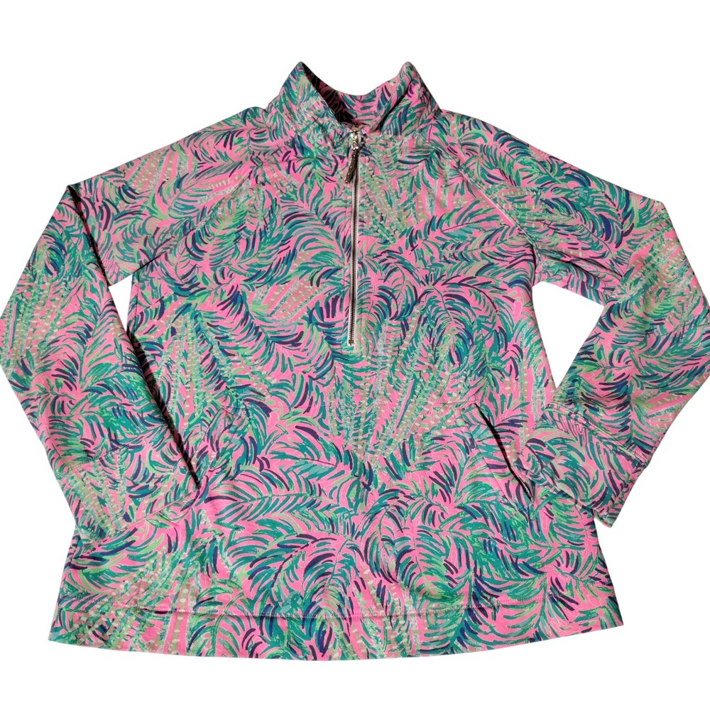 Lilly Pulitzer Skipper Popover Pink Green Palm Leaf Half Zip Sweatshirt Medium